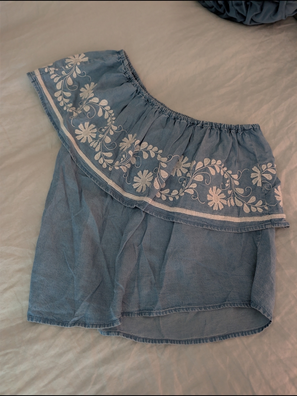 NWT Rebecca Minkoff Embroidered Chambray One-Shoulder Ruffle Top Size S
